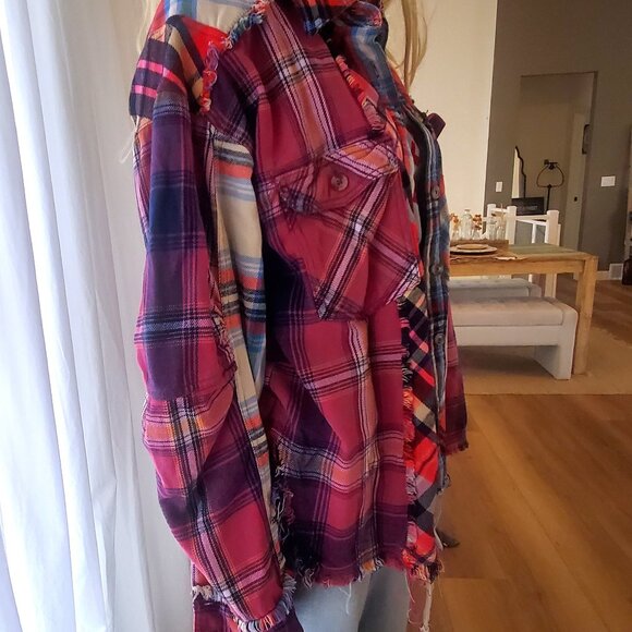We The Free Patched Up Plaid Shirt Extra Small Berry Combo - Picture 7 of 8